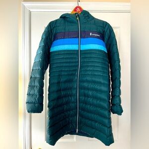 Cotopaxi women’s Fuego Down Parka Teal Blue Deep Ocean Stripe M NWOT